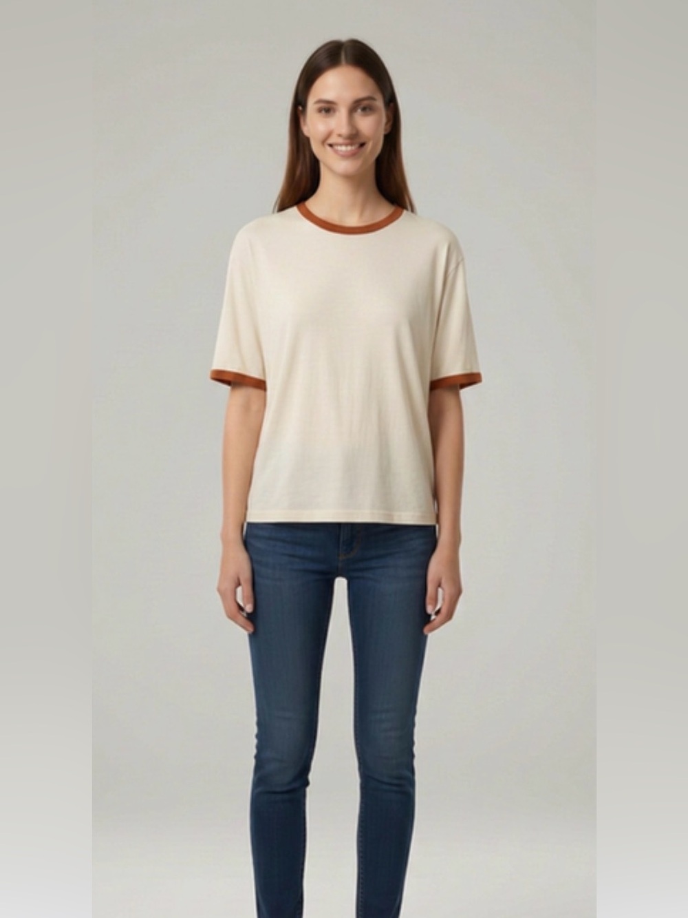 Goodfellow & Co Cream Short Sleeve Ringer Tee with Rust Trim